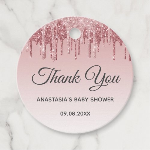 Glam Blush Pink Gold Glitter Thank You Baby Shower Favor Tags