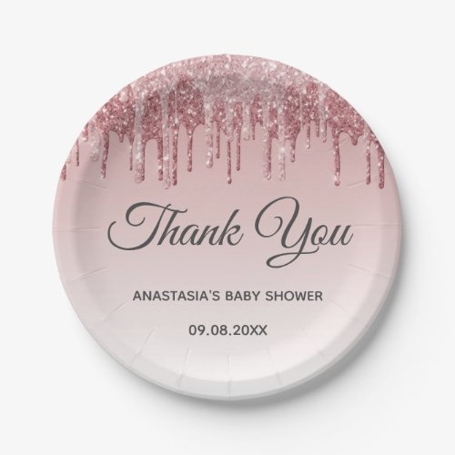 Glam Blush Pink Gold Glitter Thank You Baby Shower Paper Plates
