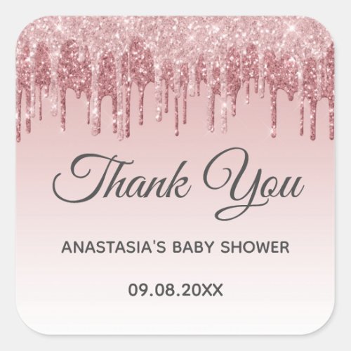 Glam Blush Pink Gold Glitter Thank You Baby Shower Square Sticker