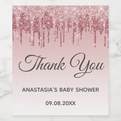 Glam Blush Pink Gold Glitter Thank You Baby Shower Wine Label