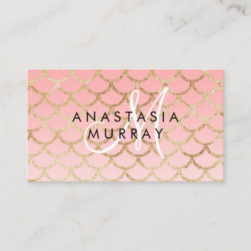 Glam Blush Pink Gold Mermaid Glitter Monogram Name Business Card