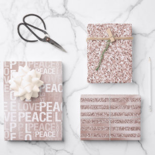 Glam Blush Pink Peace Love Glitter Wrapping Paper Sheets