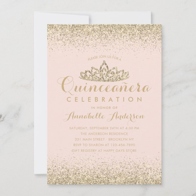 Glam Blush Pink Quinceañera Gold Tiara Glitter Invitation (Front)