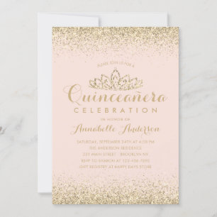 Glam Blush Pink Quinceañera Gold Tiara Glitter Invitation