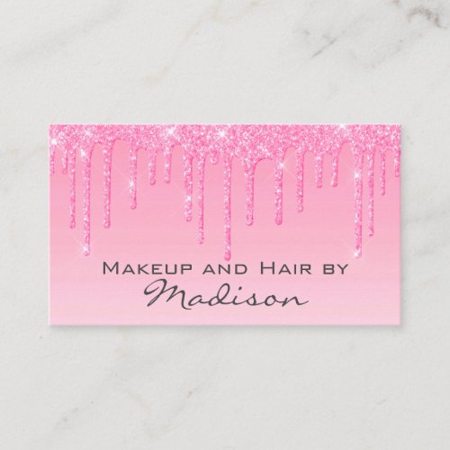 Glam Blush Pink Rose Glitter Drips Makeup Artist Business Card