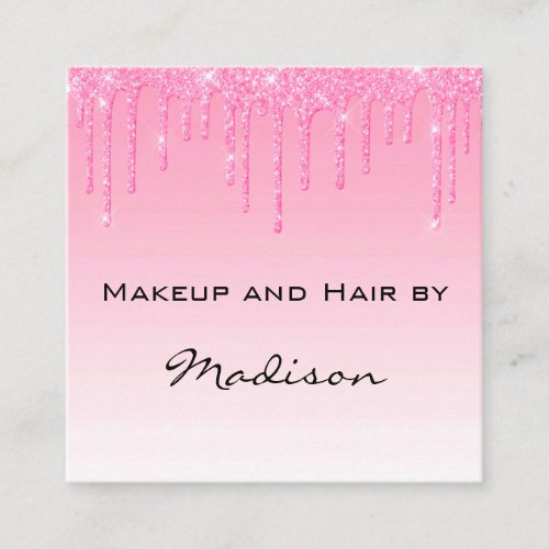 Glam Blush Pink Rose Glitter Drips Makeup Artist Square Business Card