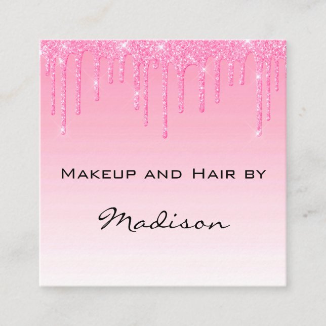 Glam Blush Pink Rose Glitter Drips Makeup Artist Square Business Card (Front)