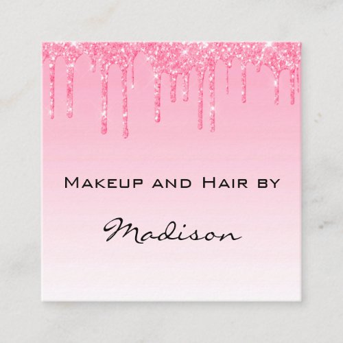 Glam Blush Pink Rose Glitter Drips Makeup Artist Square Business Card