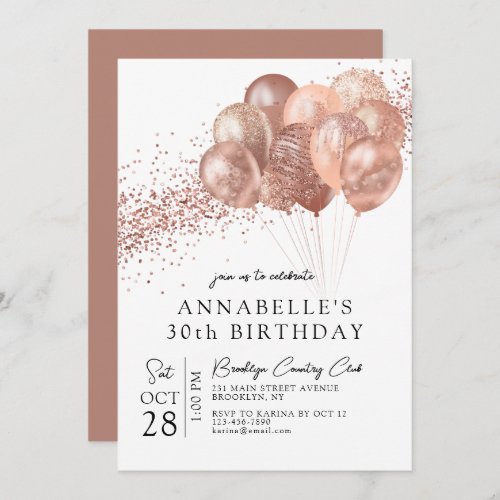 Glam Blush Pink Rose Gold Glitter Balloon Birthday Invitation