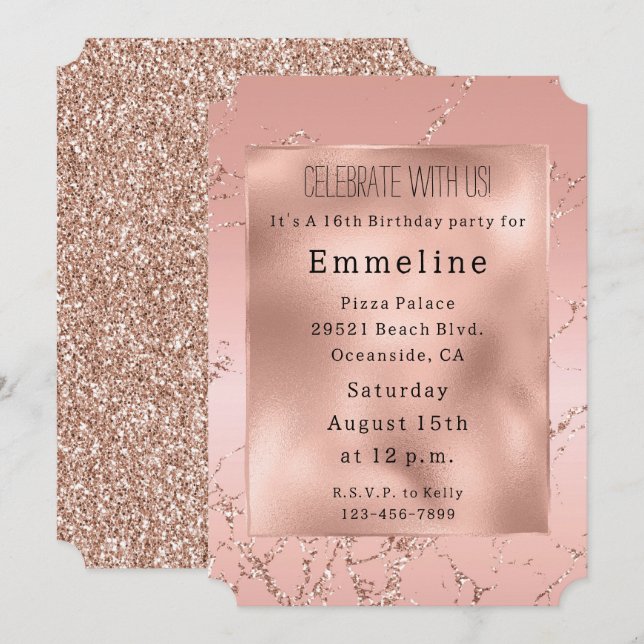 Glam Blush Pink Rose Gold Glitter  Invitation (Front/Back)