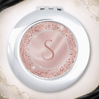 Glam Blush Pink Rose Gold Glitter Monogram Compact Mirror