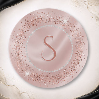 Glam Blush Pink Rose Gold Glitter Monogram Trinket Tray