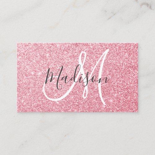 Glam Blush Pink Rose Gold Glitter Sparkle Monogram Business Card