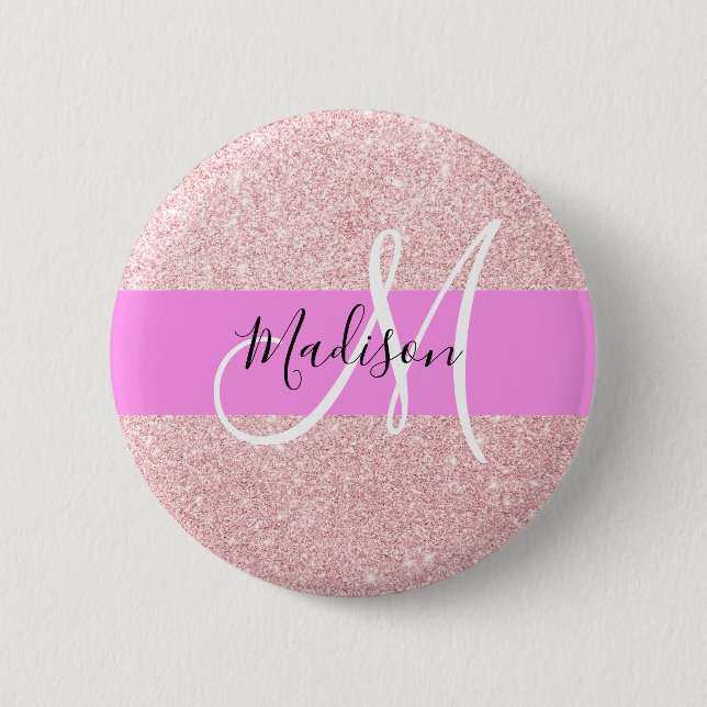 Glam Blush Pink Rose Gold Glitter Sparkle Monogram Button (Front)