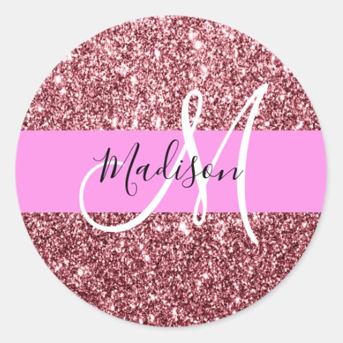 Glam Blush Pink Rose Gold Glitter Sparkle Monogram Classic Round Sticker