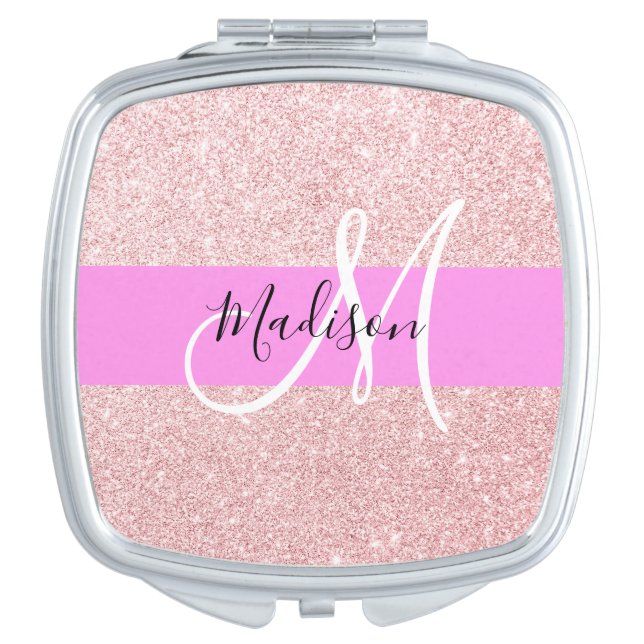 Glam Blush Pink Rose Gold Glitter Sparkle Monogram Compact Mirror (Front)