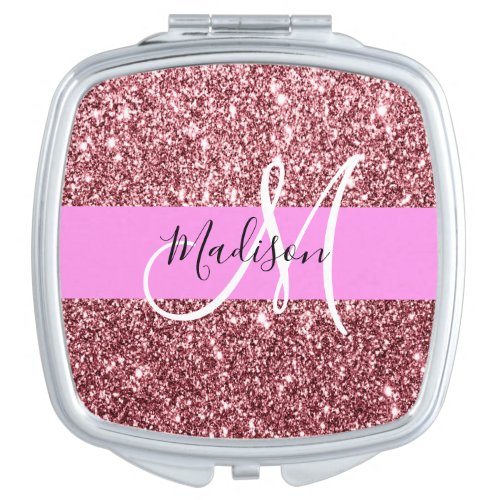 Glam Blush Pink Rose Gold Glitter Sparkle Monogram Compact Mirror