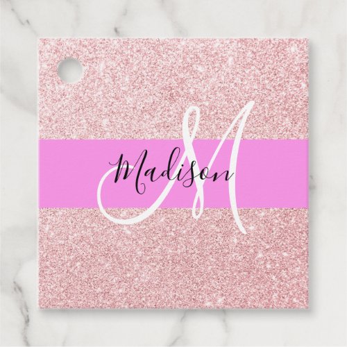 Glam Blush Pink Rose Gold Glitter Sparkle Monogram Favor Tags