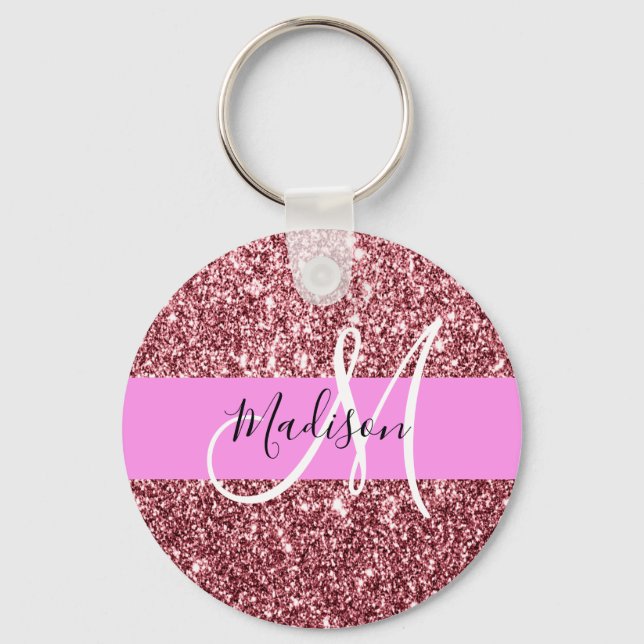 Glam Blush Pink Rose Gold Glitter Sparkle Monogram Keychain (Front)