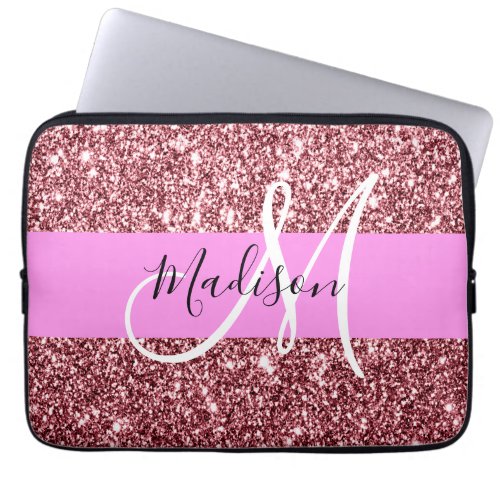 Glam Blush Pink Rose Gold Glitter Sparkle Monogram Laptop Sleeve