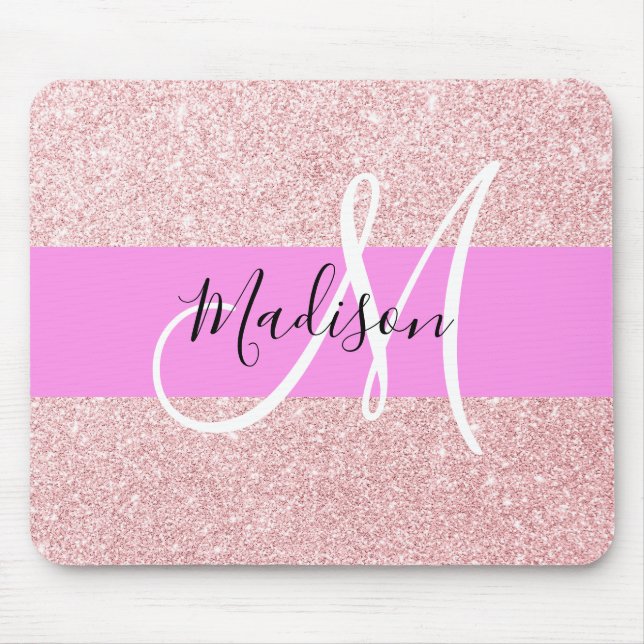 Glam Blush Pink Rose Gold Glitter Sparkle Monogram Mouse Pad (Front)