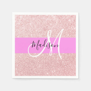 Glam Blush Pink Rose Gold Glitter Sparkle Monogram Napkins