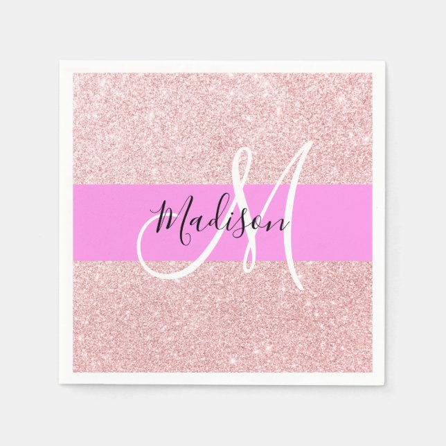 Glam Blush Pink Rose Gold Glitter Sparkle Monogram Napkins (Front)