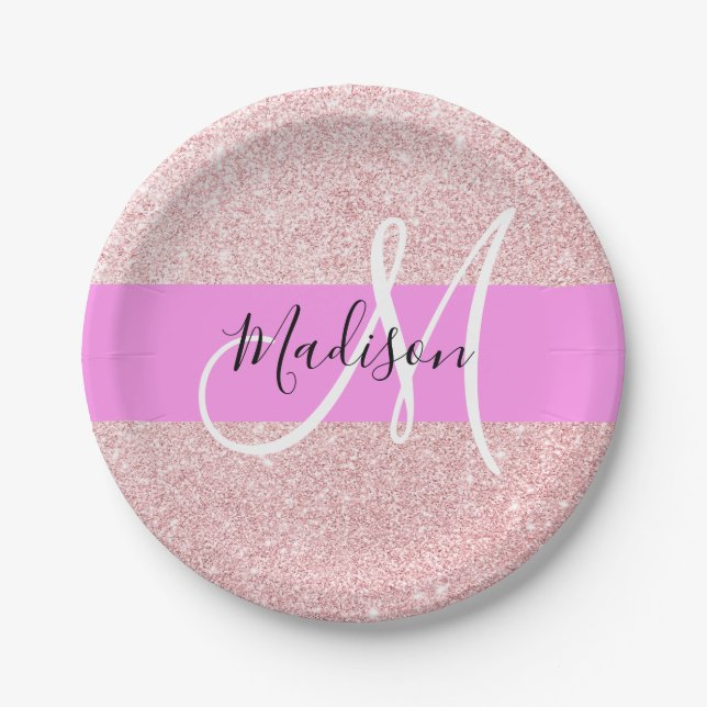 Glam Blush Pink Rose Gold Glitter Sparkle Monogram Paper Plates (Front)