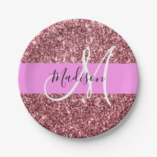 Glam Blush Pink Rose Gold Glitter Sparkle Monogram Paper Plates