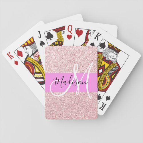 Glam Blush Pink Rose Gold Glitter Sparkle Monogram Poker Cards