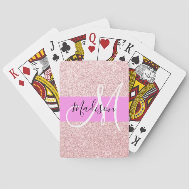 Glam Blush Pink Rose Gold Glitter Sparkle Monogram Poker Cards (Back)