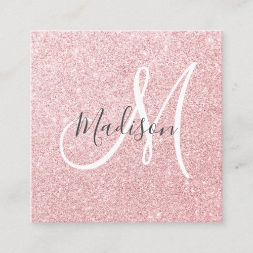 Glam Blush Pink Rose Gold Glitter Sparkle Monogram Square Business Card