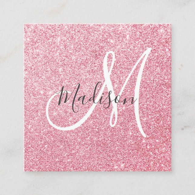 Glam Blush Pink Rose Gold Glitter Sparkle Monogram Square Business Card (Front)