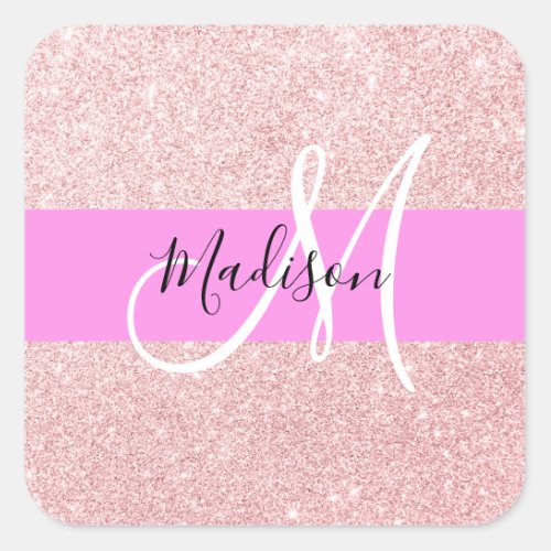 Glam Blush Pink Rose Gold Glitter Sparkle Monogram Square Sticker