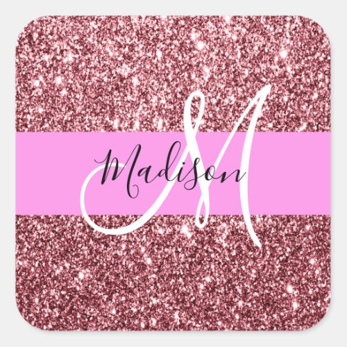 Glam Blush Pink Rose Gold Glitter Sparkle Monogram Square Sticker