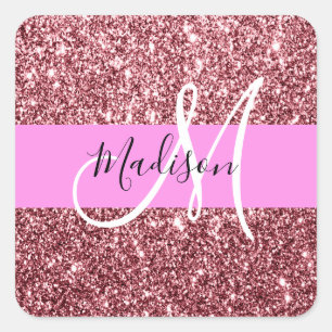 Glam Blush Pink Rose Gold Glitter Sparkle Monogram Square Sticker