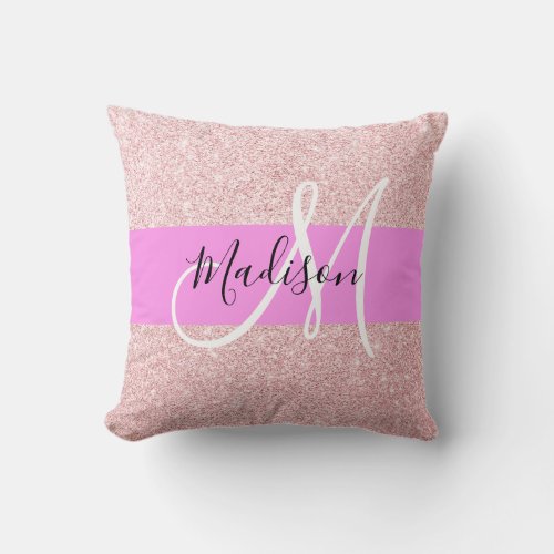 Glam Blush Pink Rose Gold Glitter Sparkle Monogram Throw Pillow