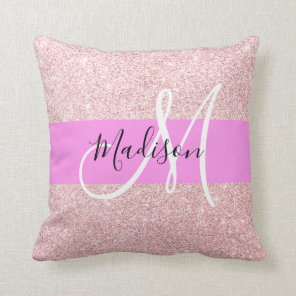 Glam Blush Pink Rose Gold Glitter Sparkle Monogram Throw Pillow