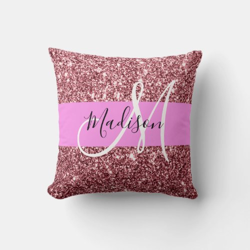 Glam Blush Pink Rose Gold Glitter Sparkle Monogram Throw Pillow