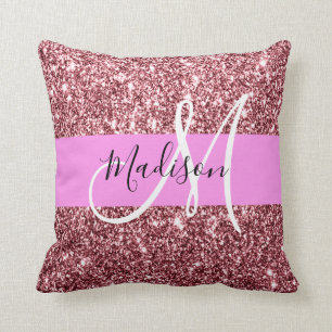 Glam Blush Pink Rose Gold Glitter Sparkle Monogram Throw Pillow