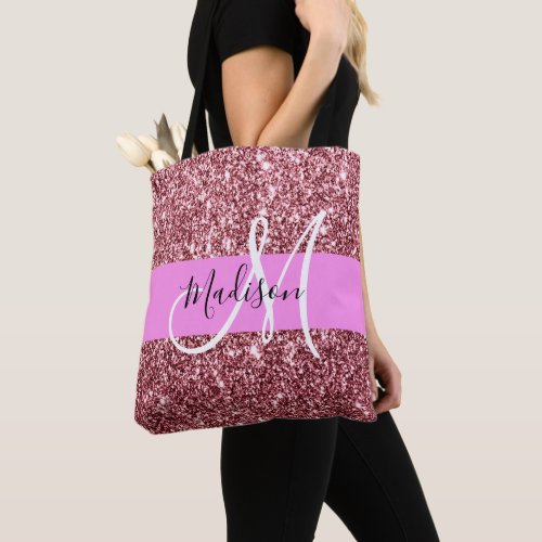 Glam Blush Pink Rose Gold Glitter Sparkle Monogram Tote Bag