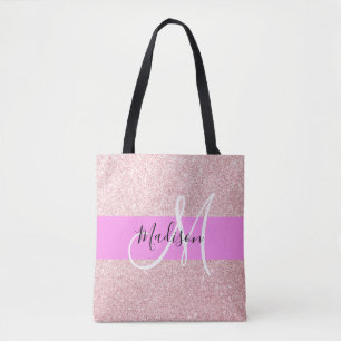 Glam Blush Pink Rose Gold Glitter Sparkle Monogram Tote Bag