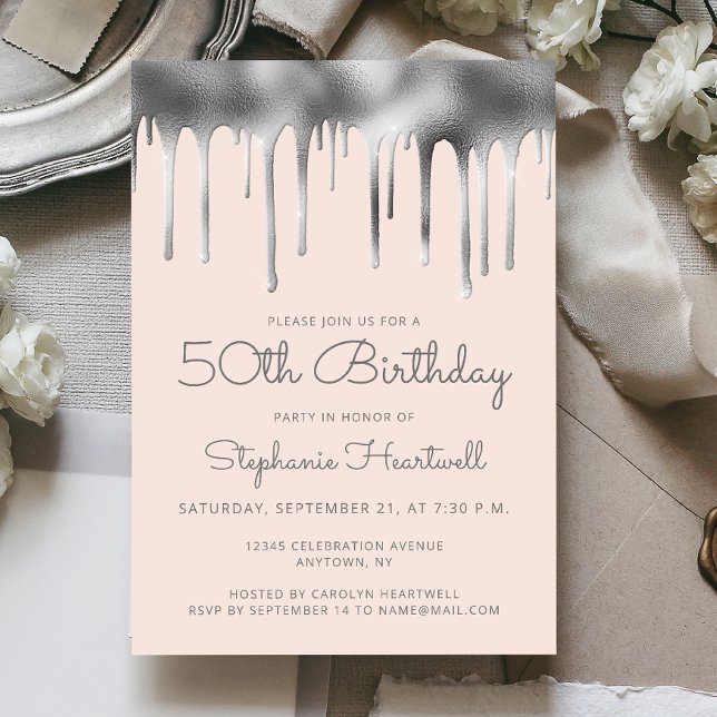 Glam Blush Pink Silver Dripping Foil 50th Birthday Invitation (Creator Uploaded)