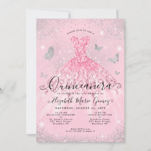 Glam Blush Pink Silver Glitter Gown Quinceanera Invitation