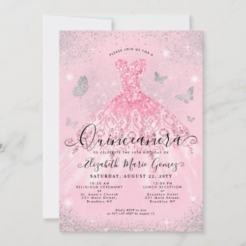Glam Blush Pink Silver Glitter Gown Quinceanera Invitation