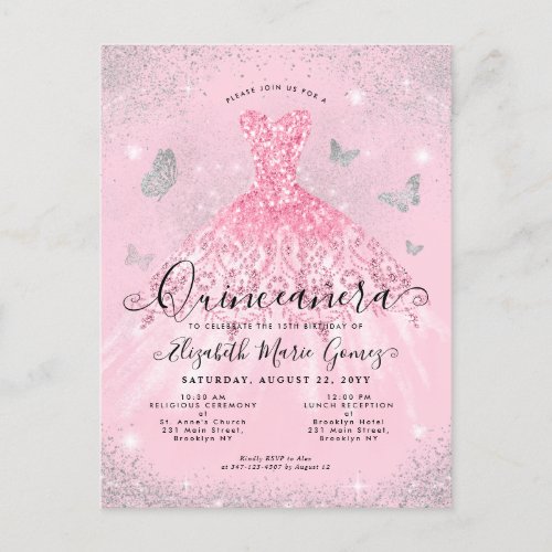 Glam Blush Pink Silver Glitter Gown Quinceanera Postcard