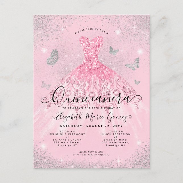Glam Blush Pink Silver Glitter Gown Quinceanera Postcard (Front)
