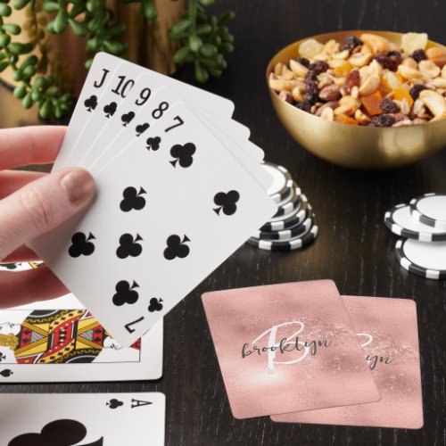 Glam Blush Pink Trendy Script Monogram Poker Cards