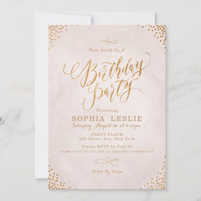 Glam blush rose gold calligraphy birthday party invitation (Front)