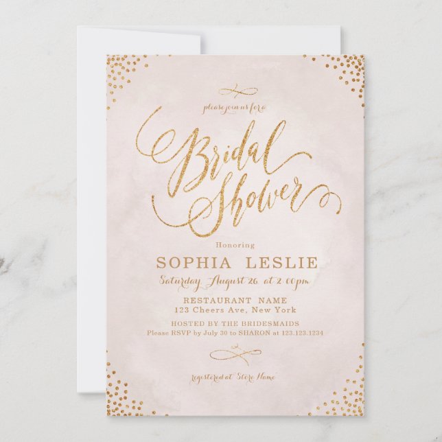 Glam blush rose gold calligraphy Bridal Shower Invitation (Front)
